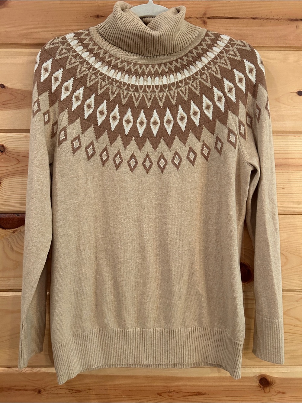 NWT L.L. Bean Women’s Beige and Brown Fair Isle T- Neck Sweater, Size M